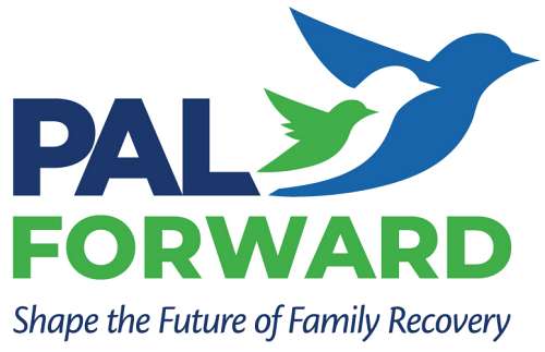 Logo of PAL Forward featuring three doves in flight, representing hope and recovery. The doves are colored green, white, and blue, with the word "PAL" above and the tagline "Shape the future of family recovery" below.